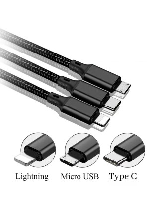 Зарядный кабель Foxconn 3 в 1 Hydra 2m. | 3 в 1 Type-C, Lightning, Micro-USB на USB-кабель для iPhone, iPod, iPad, AirPods, Samsung, Xiaomi
