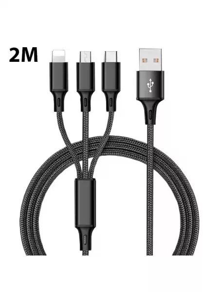 Зарядный кабель Foxconn 3 в 1 Hydra 2m. | 3 в 1 Type-C, Lightning, Micro-USB на USB-кабель для iPhone, iPod, iPad, AirPods, Samsung, Xiaomi