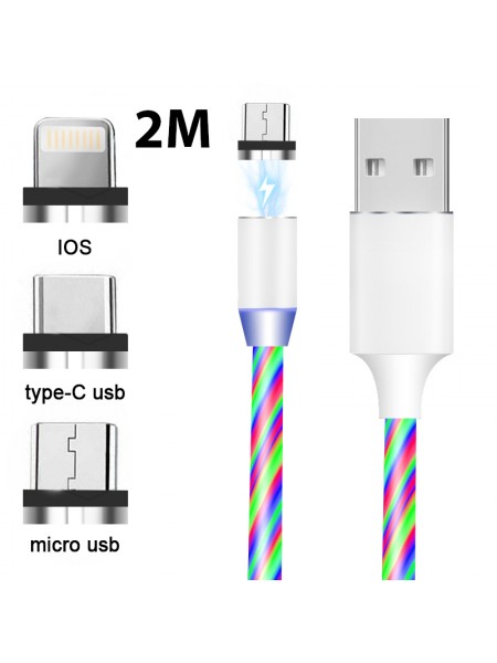 Зарядный кабель Foxconn Magneto Magic LED 2м. - 3 в 1 Type-C, Lightning, Micro-USB на USB-кабель для iPhone, iPod, iPad, AirPods, Samsung, Xiaomi