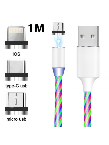 Зарядный кабель Foxconn Magneto Magic LED 1м. - 3 в 1 Type-C, Lightning, Micro-USB на USB-кабель для iPhone, iPod, iPad, AirPods, Samsung, Xiaomi